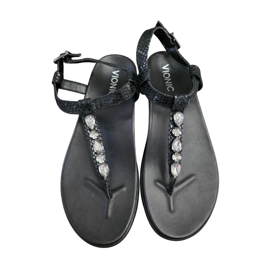 Vionic Palm Boca Black Faux Snakeskin Jeweled T Strap Sandals Size 7